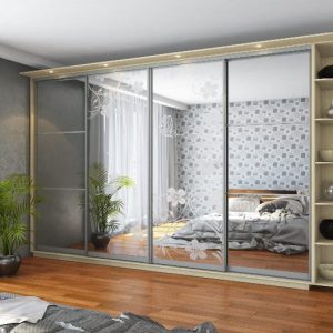 ШК-ХМ-ДЗ-К-360 чотиридверна шафа-купе з фасадами дзеркало+художнє матування від Гарант