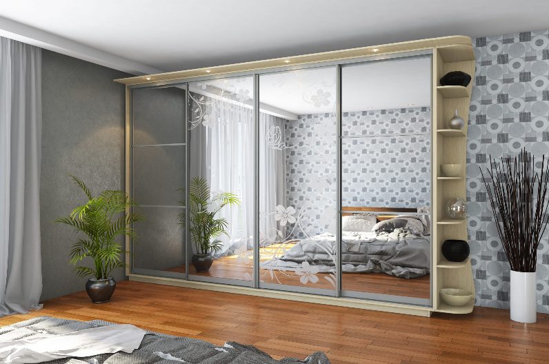 ШК-ХМ-ДЗ-К-360 чотиридверна шафа-купе з фасадами дзеркало+художнє матування від Гарант