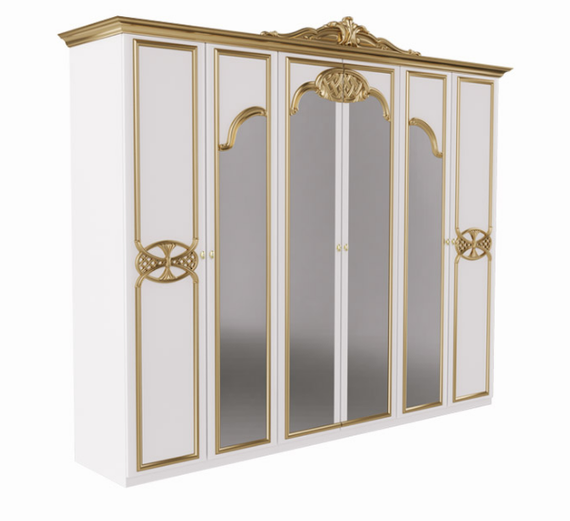 Єва шестидверна шафа білий глянець / золото від фабрики МіроМарк
