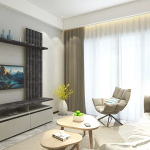 Стінка у вітальню Елліс / Ellis з декоративними рейками Гербор Бетон стайл/бетон темний