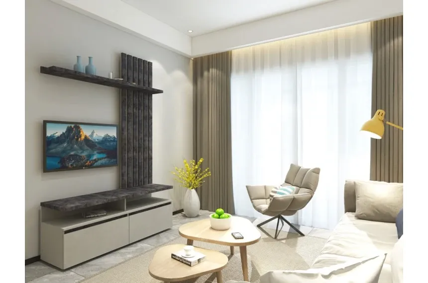 Стінка у вітальню Елліс / Ellis з декоративними рейками Гербор Бетон стайл/бетон темний