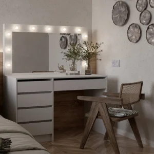 Стіл візажиста для макіяжу 5S МДФ БРВ з дзеркалом та підсвіткою Білий/білий глянець