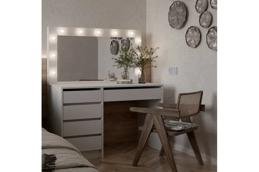 Стіл візажиста для макіяжу 5S МДФ БРВ з дзеркалом та підсвіткою Білий/білий глянець